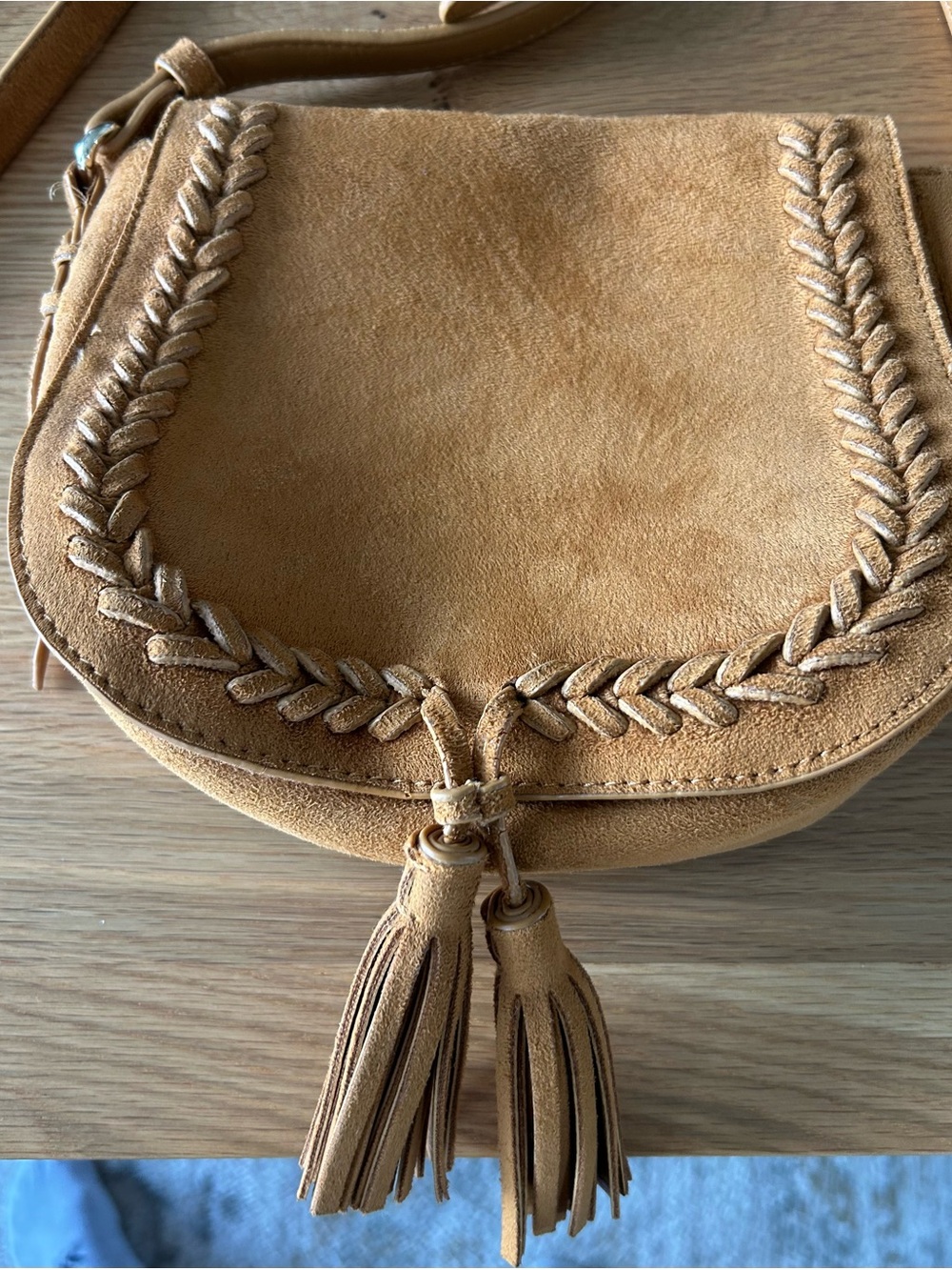 Mustard Suede Crossbody Saddle Bag with Braided Detail - Picture 2 of 6